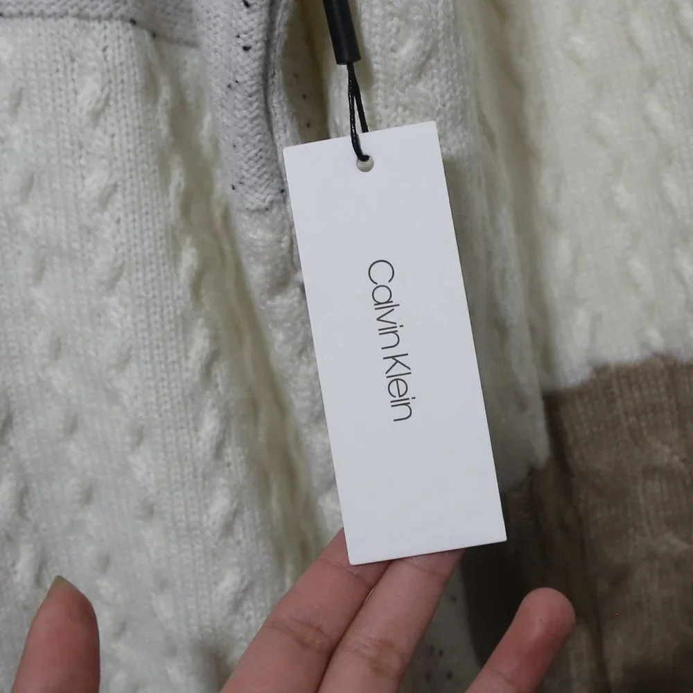 CALVIN KLEIN Acrylic Blend White Mixed Stitch Colorblocked Cowlneck Sweater - Picture 7 of 12